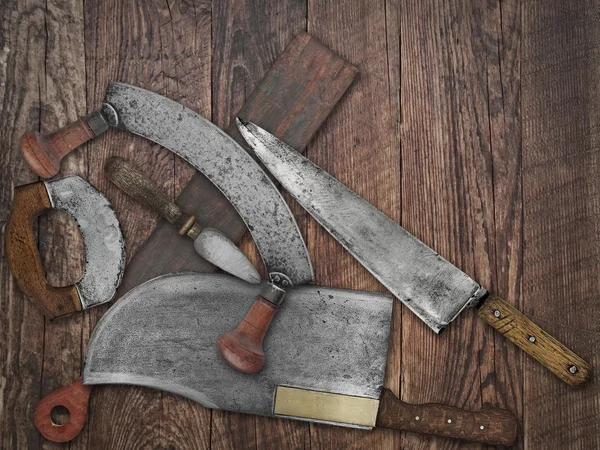 Vintage mutfak bıçakları kolaj üzerinde eski ahşap - Stok İmaj