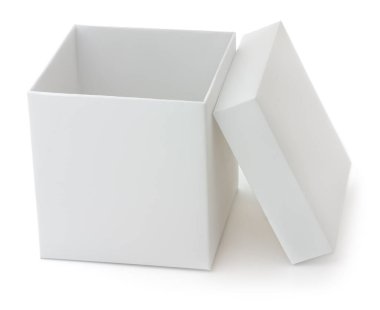 Open white paper box with detached lid isolated on white background. Packaging concept for gift, shipping or storage design