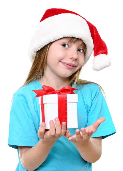 Kerstmis santa meisje met geschenk. — Stockfoto
