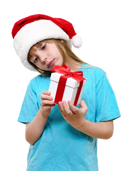 Navidad chica santa con regalo. — Foto de Stock