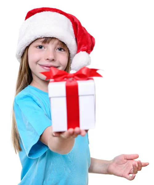 Kerstmis santa meisje met geschenk. — Stockfoto