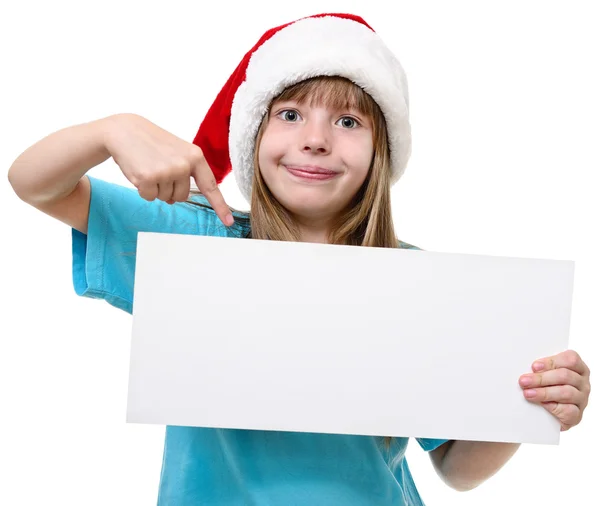 Menina em Santa chapéu com quadro branco — Fotografia de Stock
