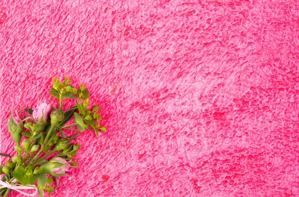 Różowe Tło Bukietem Świeżych Kwiatów Miejsce Tekst — Zdjęcie stockowe