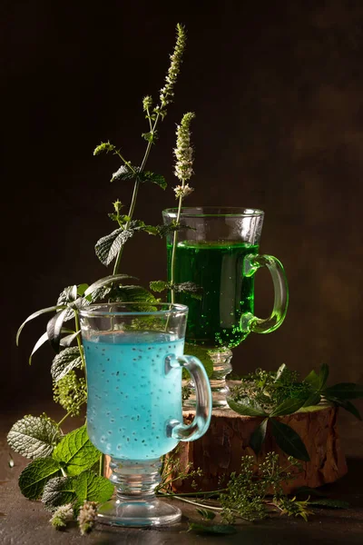 Erfrischende Getränke Und Blühende Frische Minze — Stockfoto