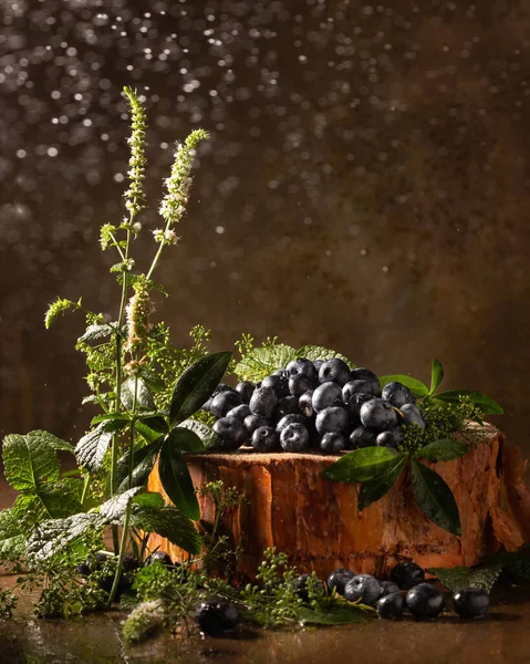 成熟的蓝莓和带褐色背景的新鲜薄荷 — 图库照片