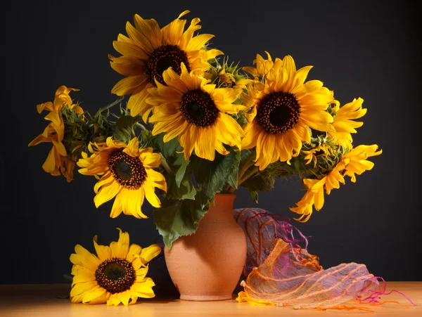 Hermosos girasoles en tarro de cerámica — Foto de Stock