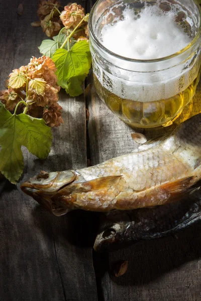 Taza de cerveza y pescado seco —  Fotos de Stock