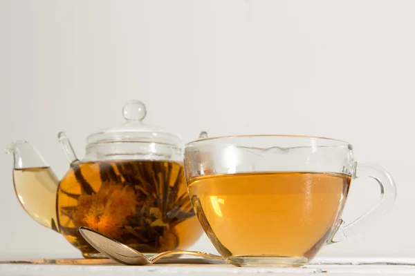 Transparent teapot and cup of tea — Stock Photo, Image