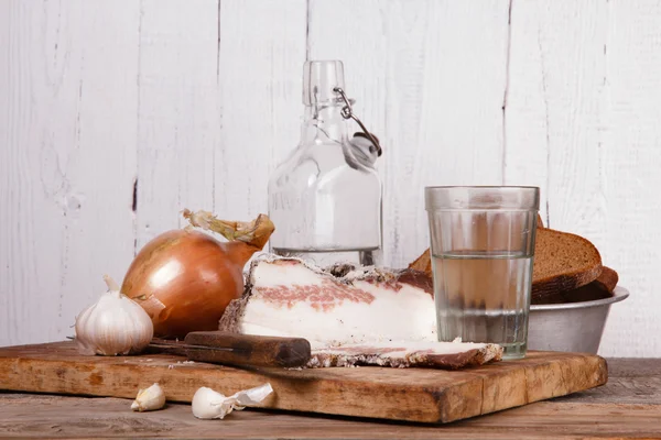 Still-life with lard and vodka — Stock Photo, Image