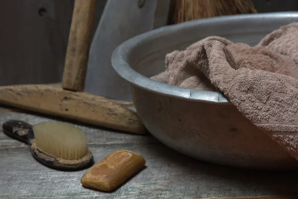 Still life with vintage tools for cleaning — Stock Photo, Image