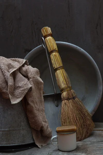 Still life with vintage tools for cleaning — Stock Photo, Image