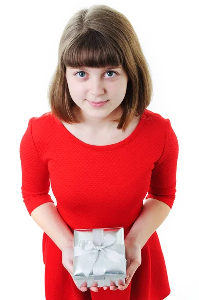 Образ Молодої Дівчини Подарунковою Коробкою Білому — стокове фото