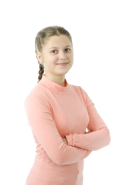 Portrait of pretty little girl on white — Stockfoto