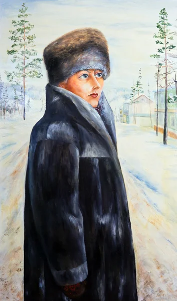 Retrato de uma menina no fundo de uma paisagem de inverno — Fotografia de Stock