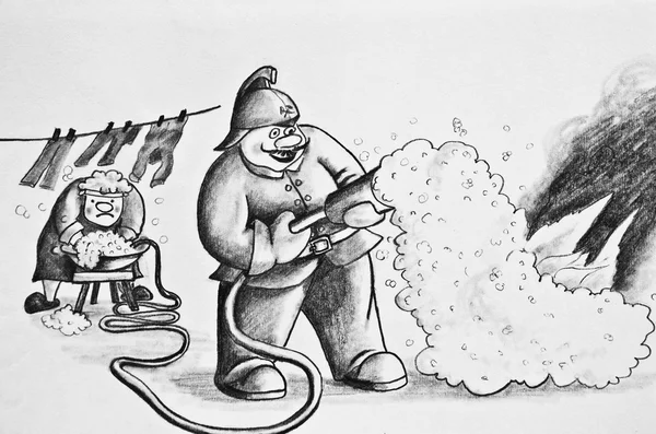 Brandweerman blust brand. Cartoon — Stockfoto