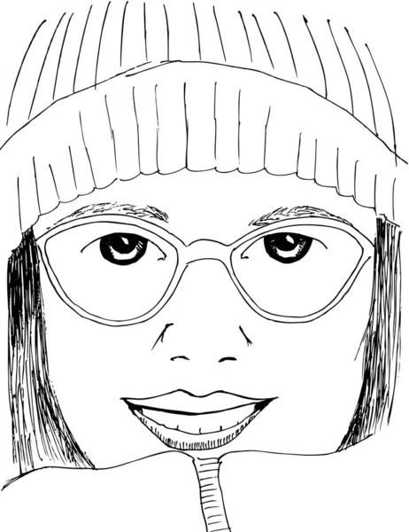 Portrait Girl Glasses Black White Drawing Coloring — Stock Vector