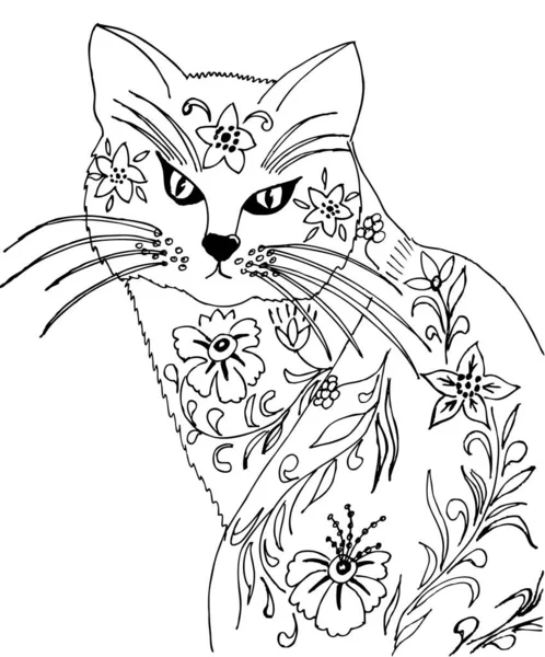 Рисунок Домашней Кошки Украшенной Цветами Рисунок Окрашивания Антистресса — стоковый вектор