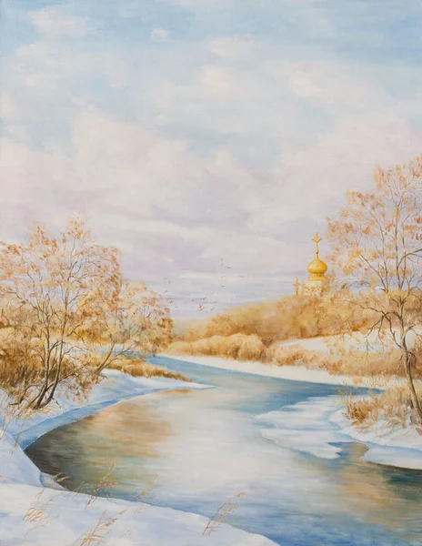 Winter landscape with a river. — Stock Photo, Image