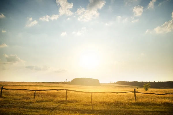 Pôr do sol sobre campo rural — Fotografia de Stock