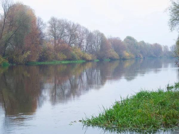秋天的风景在缓慢的河流流淌的公园里 — 图库照片