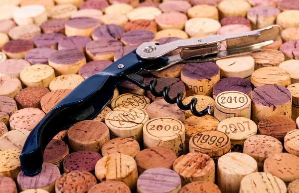 Sacacorchos en tapones de vino — Foto de Stock