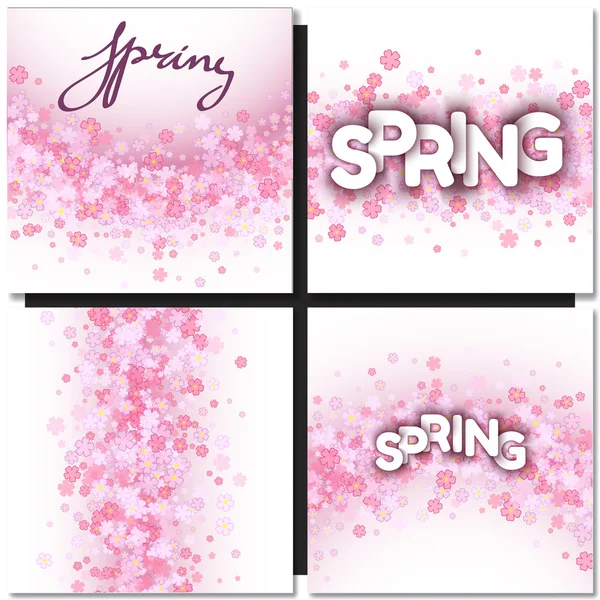 Signo de primavera blanco sobre fondo de flores rosadas . — Archivo Imágenes Vectoriales