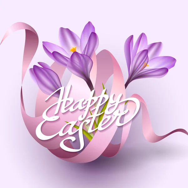Joyeux modèle de carte de vœux de Pâques avec fleurs et ruban — Image vectorielle
