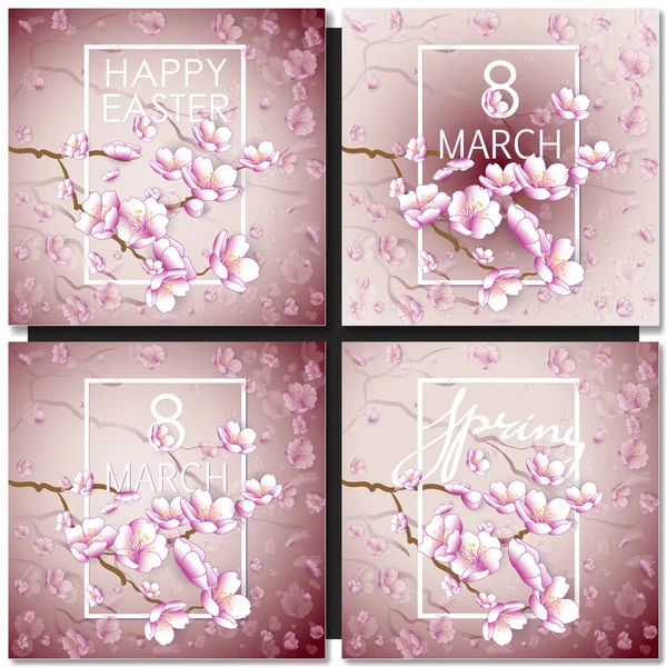 Conjunto de tarjetas de felicitación con una flor sakura para su diseño — Vector de stock