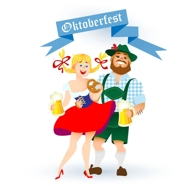 Bavarian hombre y mujer con un gran vaso de cerveza — Vector de stock