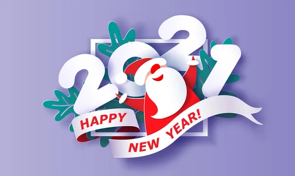 Banner de círculo de corte de papel moderno con Santa Claus y año nuevo 2021 — Vector de stock