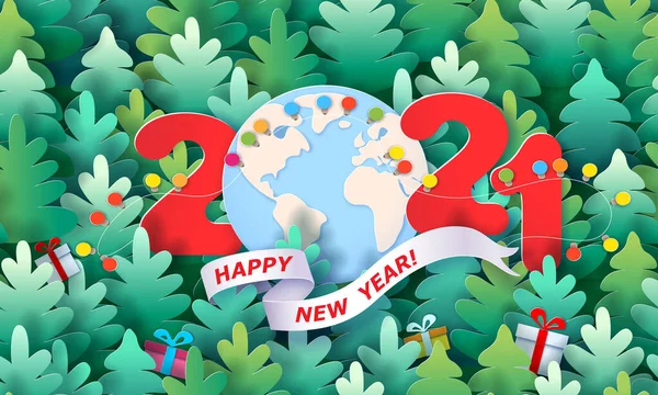 Banner de corte de papel moderno com globo terrestre e números 2021 — Vetor de Stock