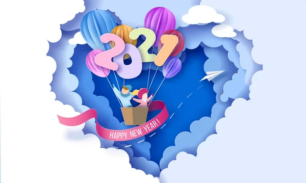 2021 Новогодняя открытка с детьми в корзине воздушных шаров — стоковый вектор