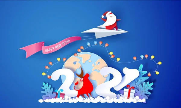 2021 Návrh novoroční karty. Santa Claus a zábavný býk — Stockový vektor