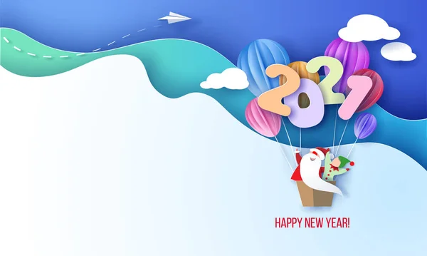 2021 cartão de design de Ano Novo com Papai Noel e elfo voando — Vetor de Stock