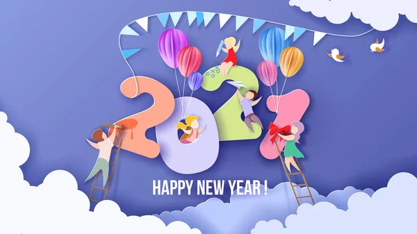 2020 Nieuwjaarskaart met kinderen op hemelse achtergrond met wolken. — Stockvector