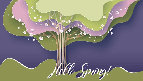 你好，春天卡片。开着花的树。季节矢量图解 — 图库矢量图片