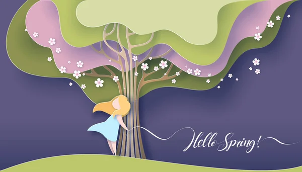 Hello Spring card. Happy girl standing near tree with blooming flowers. — Stock Vector