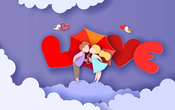 Alla hjärtans dag kort. Älskade par kysser bakom ett paraply. — Stock vektor