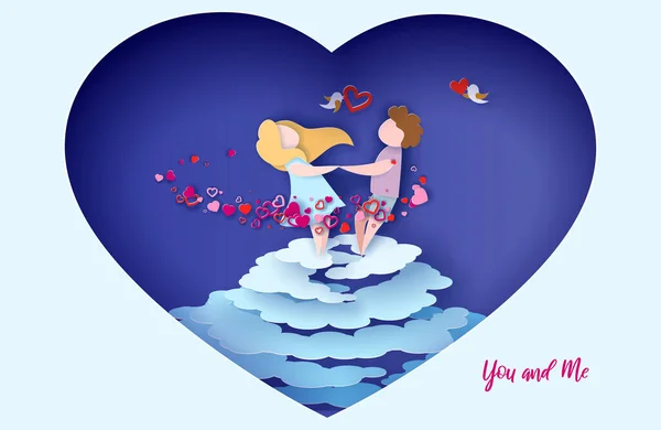 Sevgililer günü kartı. Romantik genç çift el ele tutuşup dönüyor. — Stok Vektör