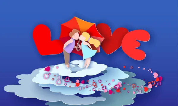 День Святого Валентина листівка. Любляча пара цілується за парасолькою . — стоковий вектор