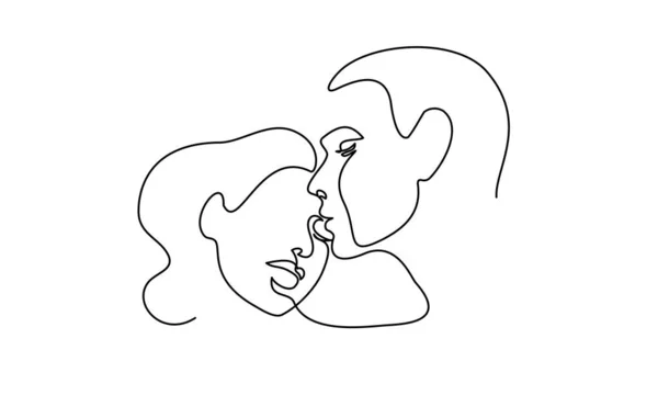 Retrato de casal homem e mulher apaixonados beijando. Uma linha contínua —  Vetores de Stock