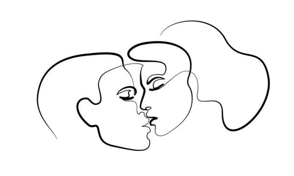 Porträtt av par man och kvinna i kärlek kyssas. Kontinuerlig en linje — Stock vektor