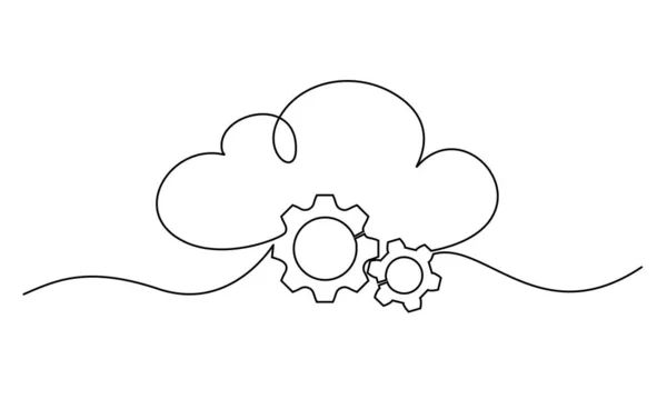 Cloud technology sign. Clods with gears. Continuous one line drawing. — Stock Vector