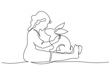 Mutlu Paskalyalar. Tavşanla oturan kız. Sürekli tek bir çizgi çiziyor.