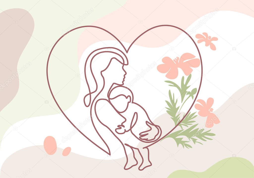 Happy Mother day card. Woman hold her baby. Continuous one line drawing with color spots, and flowers. Vector illustration
