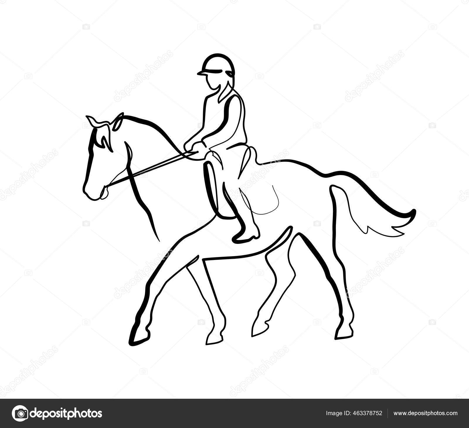 Pferd und Reiter auf dem Pferderücken. Kontinuierliche Linienziehung