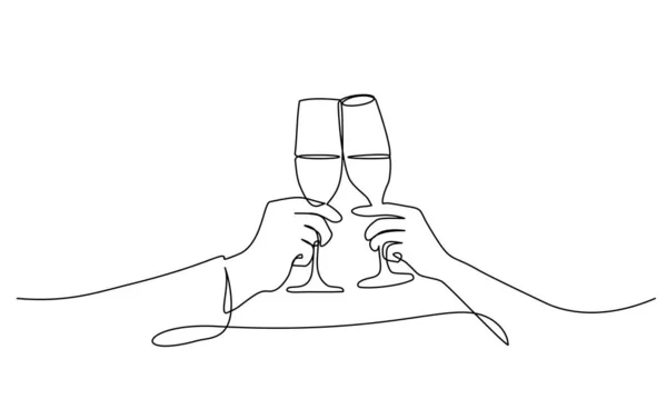 Duas mãos torcendo com copos de champanhe de vinho Uma linha —  Vetores de Stock