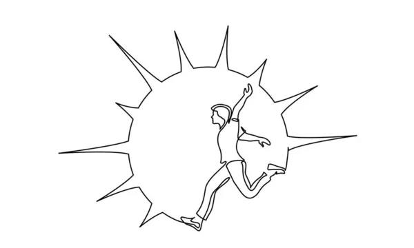 Happy running and jumping man inside sun shape Um desenho de linha —  Vetores de Stock