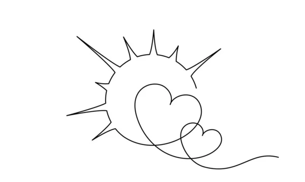 Dos Corazones dentro del signo de la forma del sol. Dibujo de una línea — Vector de stock