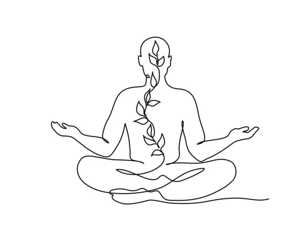 Meditating man in lotus yoga pose. One line drawing — Stock Vector